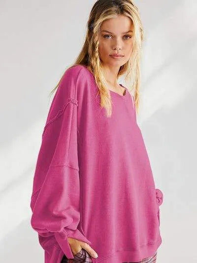 Slit Round Neck Dropped Shoulder T-Shirt Women's T-Shirts - Tophatter Daily Deals